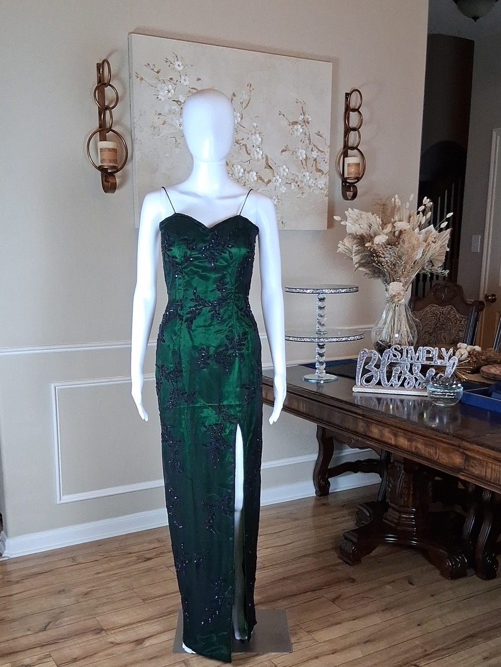 Women's Emerald Green Beaded Spaghetti-Strap Floor Length Evening Gown Size S - Picture 5 of 16